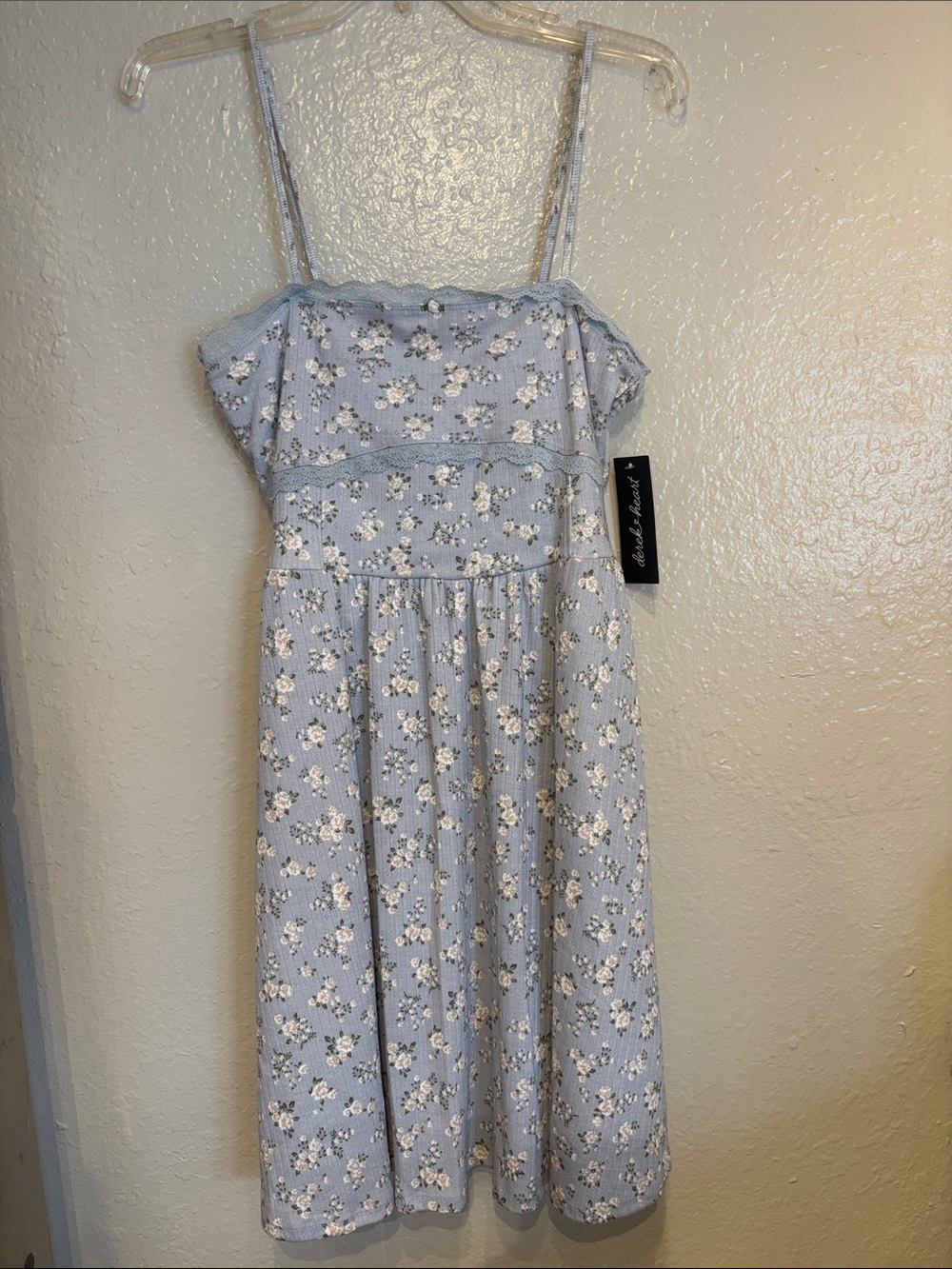 Derek Heart Floral Cami Dress NWT Light Blue Lace Trim Size XL Summer Mini